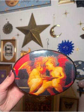 Whimsigoth Angel Cherub Oval Decorative box - Red & Gold Artwork